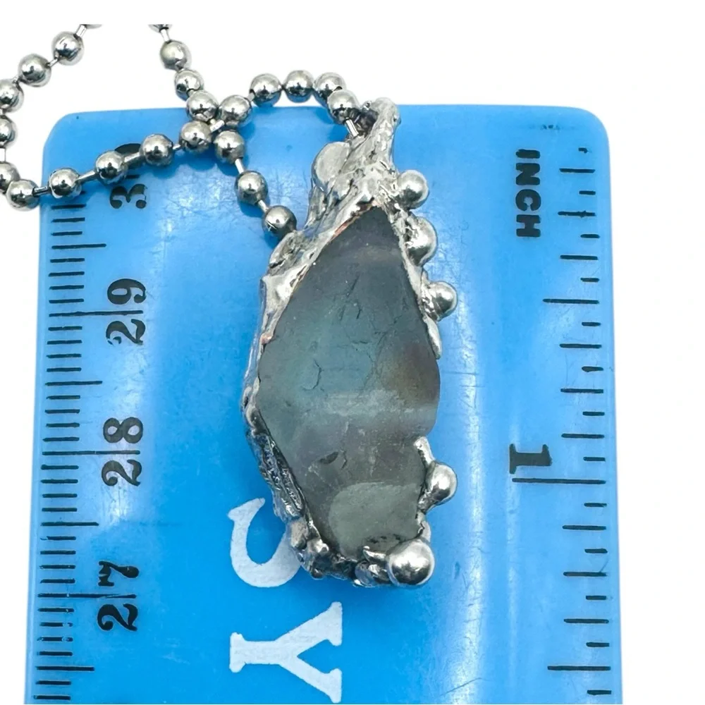 Green Fluorite Pendant Necklace With Artisan Metalwork Halo Bezel On Ball Chain - Picture 6 of 12